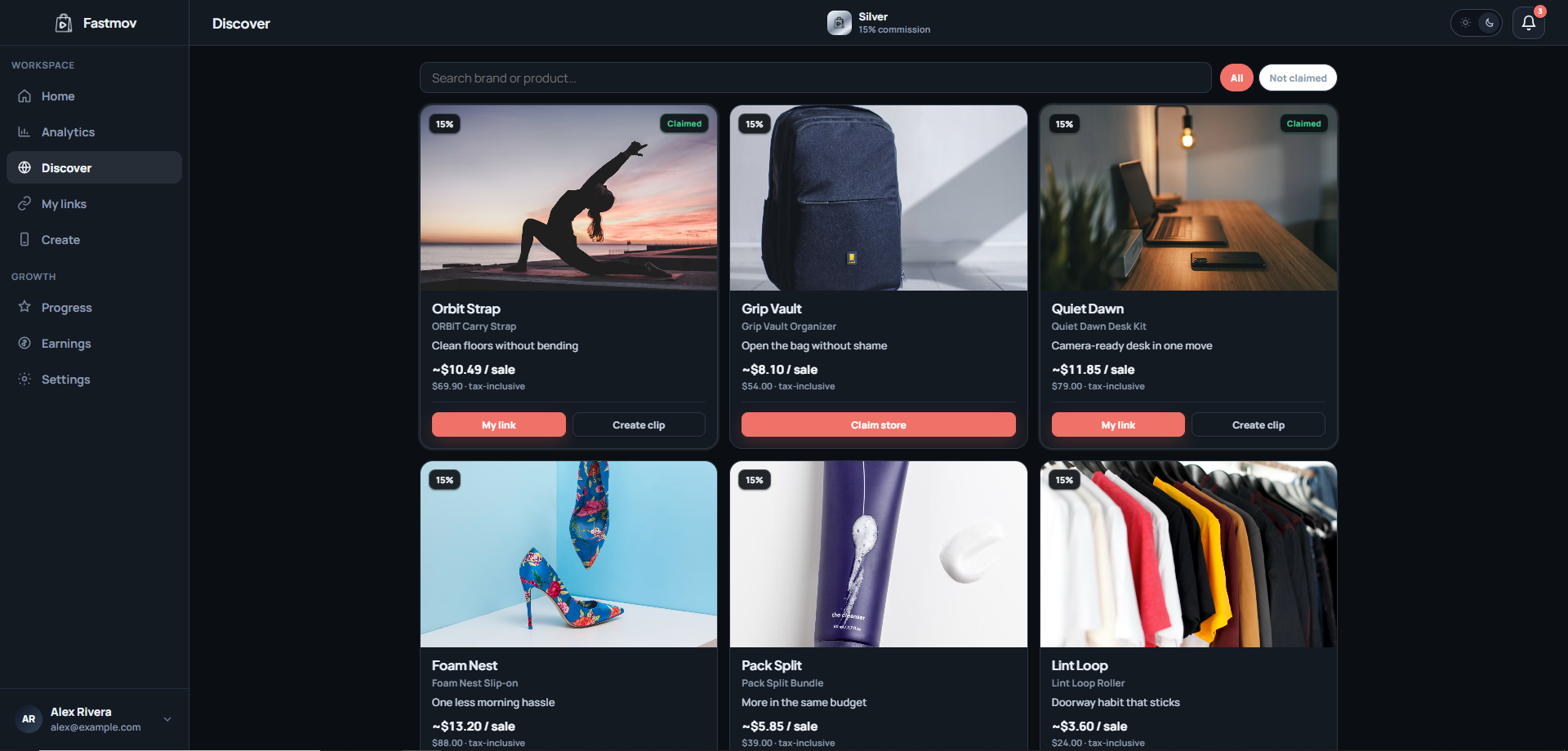 Fastmov Discover — browse curated stores and claim with commission visible