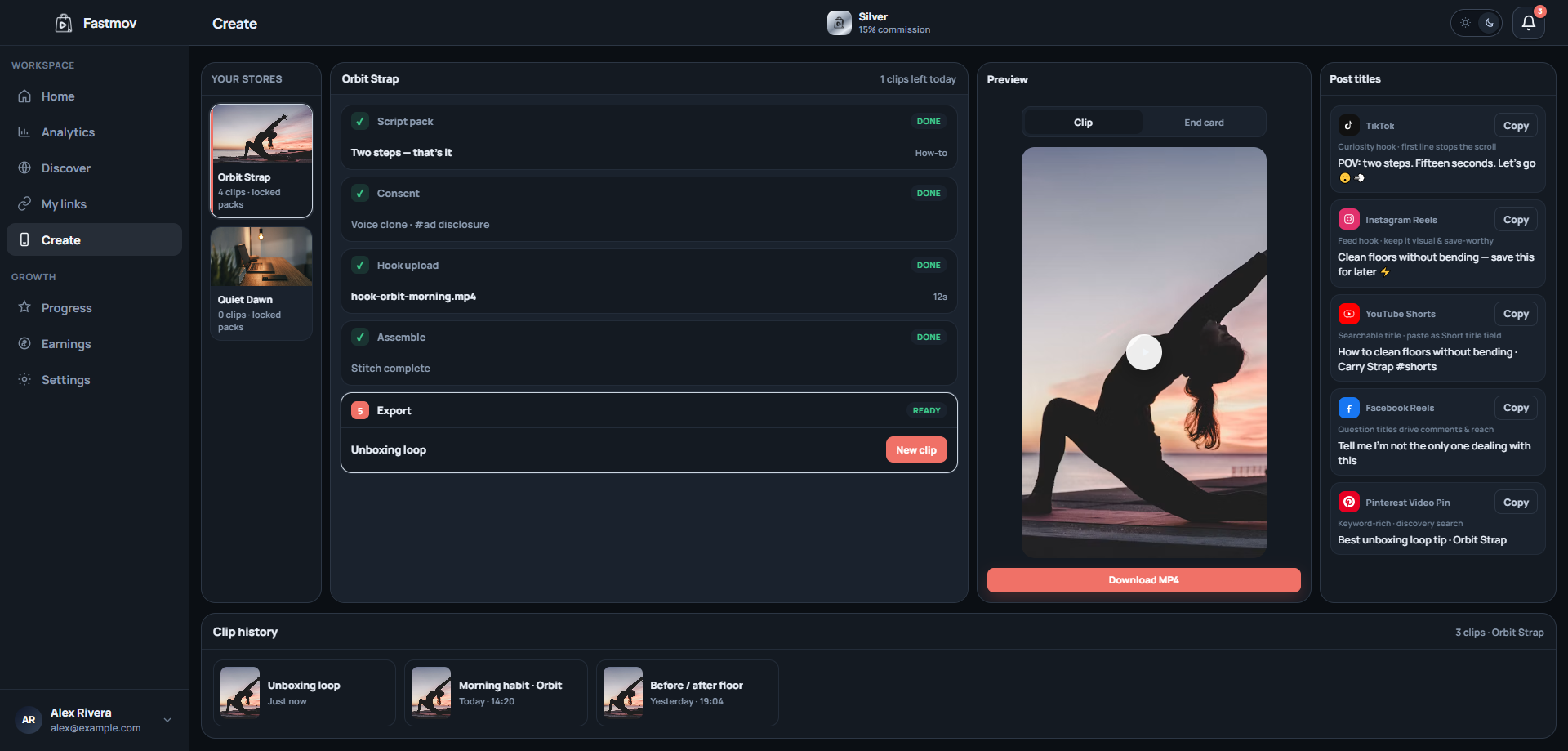 Fastmov Create — script pack, hook upload, and 9:16 clip export