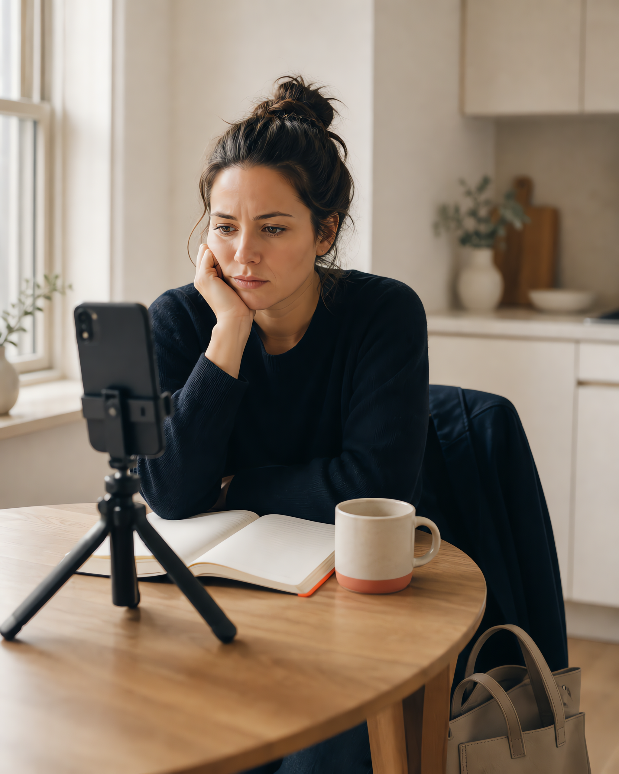 Creator at a kitchen table, hesitating before filming her first post