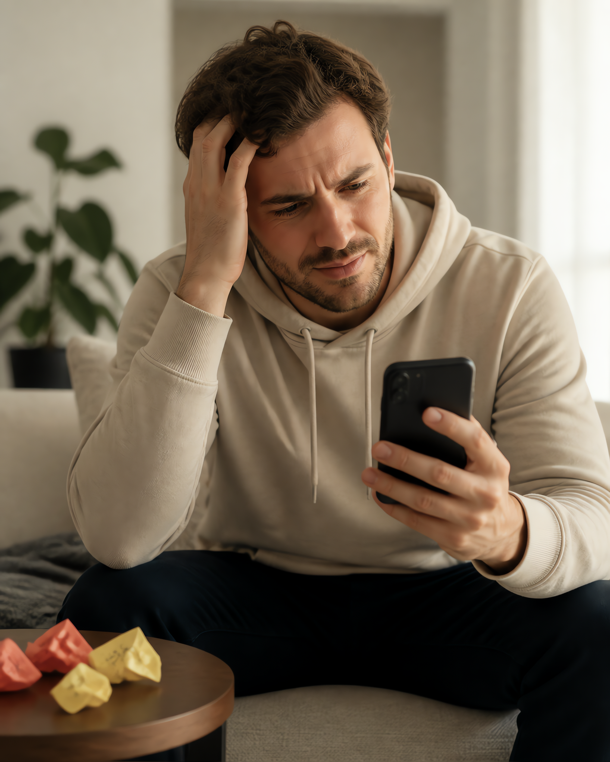 Creator looking skeptically at a phone, unsure about sharing a bio link