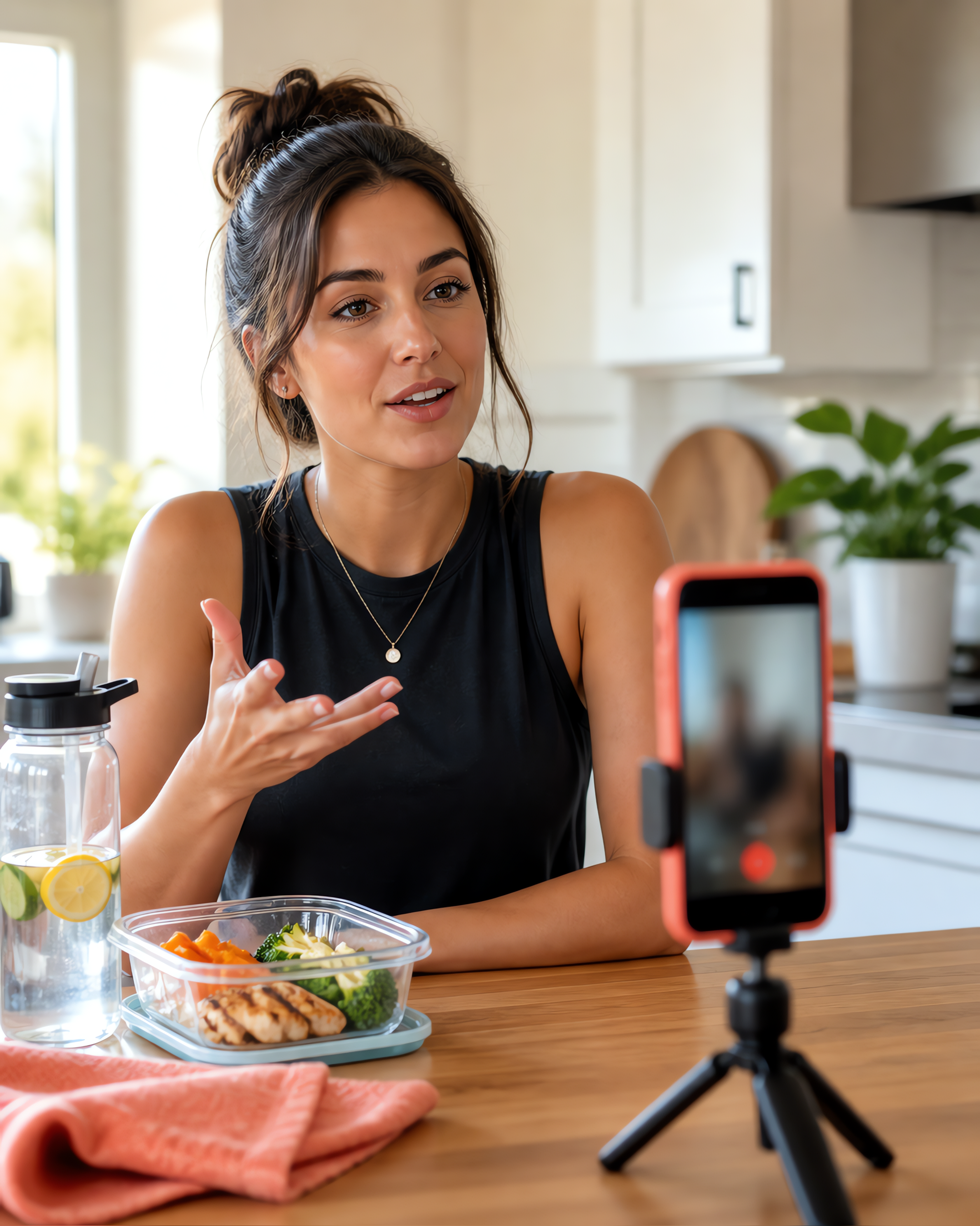 Creator filming a short vertical hook on a phone during a lunch break