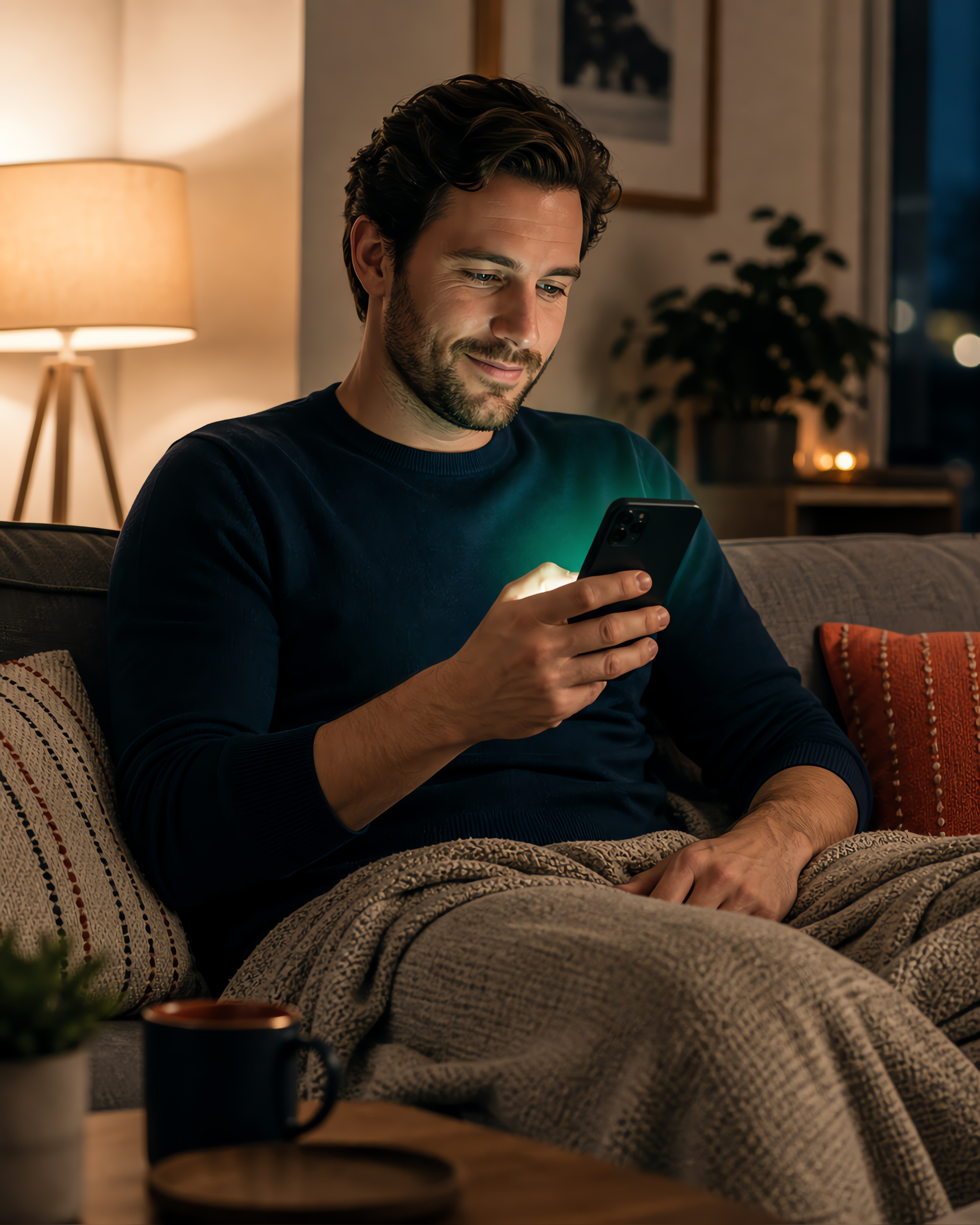 Creator on a couch at night, relieved after checking payout status on a phone